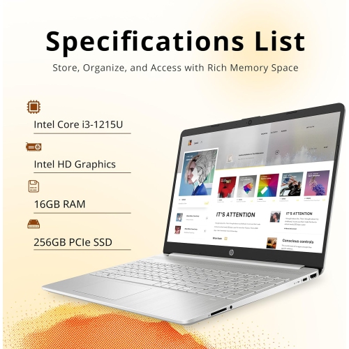 HP 15.6" FHD Laptop, Intel Core i3-1215U Processor, 256GB PCIe SSD, 16GB RAM, Intel HD Graphics, Bluetooth, 720p HD camera, HDMI, Wi‑Fi, Win 11,
