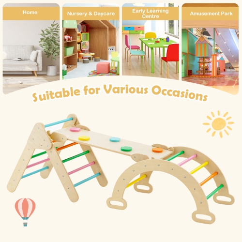 Costway 3-in-1 Kids Climber Set Toddler Wooden Play Arch with Sliding and Climbing Ramp