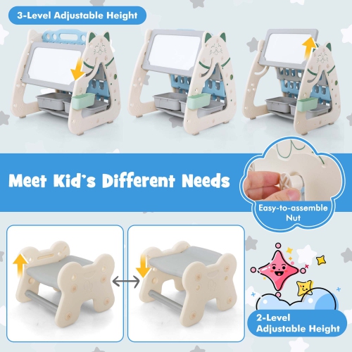 Costway 3-In-1 Kids Art Easel with Stool Magnetic Dry-Erase Board with Book Rack
