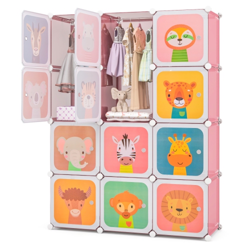COSTWAY  12-Cube Kids Wardrobe Baby Dresser Bedroom Armoire Clothes Hanging Closet With Door