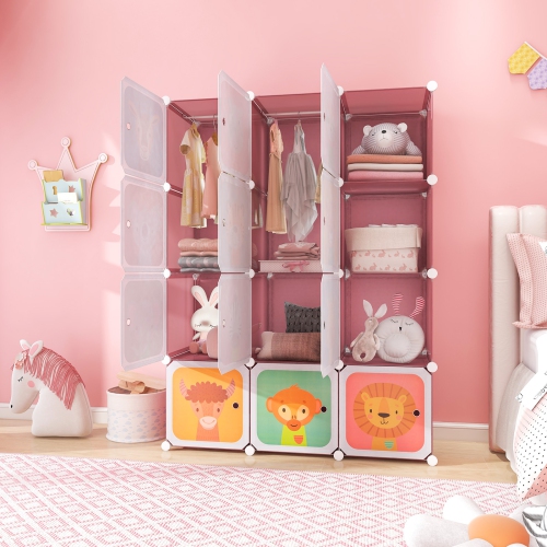 Costway 12-Cube Kids Wardrobe Baby Dresser Bedroom Armoire Clothes Hanging Closet with Door