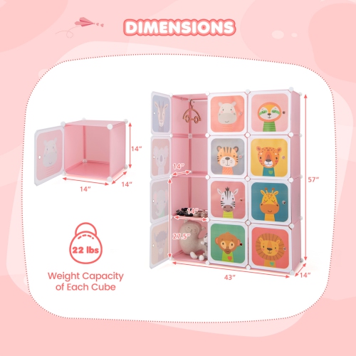Costway 12-Cube Kids Wardrobe Baby Dresser Bedroom Armoire Clothes Hanging Closet with Door