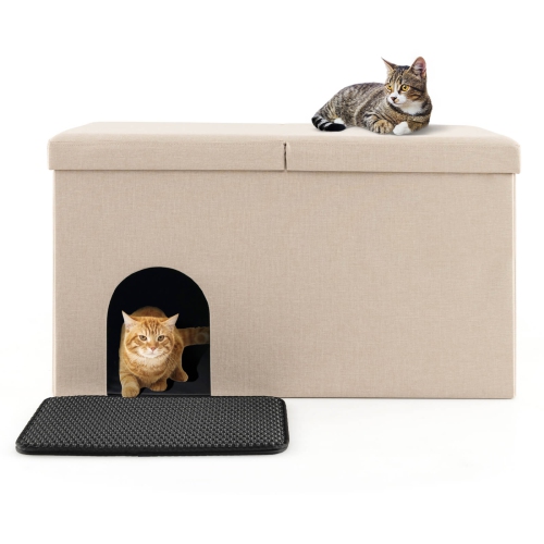 COSTWAY  Cat Litter Box Enclosure Hidden Furniture Cat Washroom Shoe Storage Bench