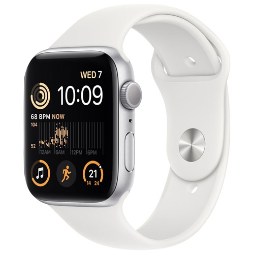 Refurbished- Apple Watch SE (GPS) 44mm Silver Aluminum Case with White Sport Band - Small / Medium