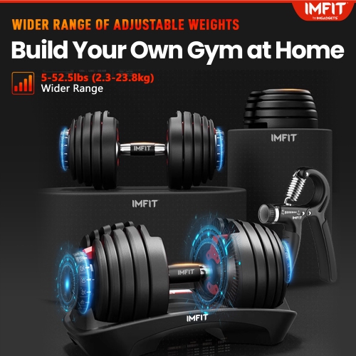 IMFit Adjustable Dumbbell 5-52.5 lbs| Fitness Equipment for Full Body Workout, 15 Weights | Space Saver Design | 1 Dumbbell with Free Hand Grip &