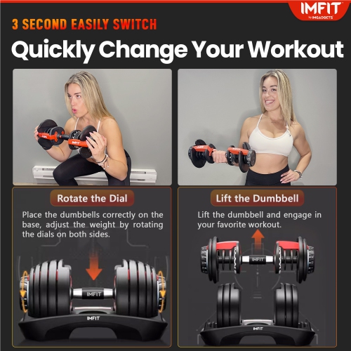 IMFit Adjustable Dumbbell 5-52.5 lbs| Fitness Equipment for Full Body Workout, 15 Weights | Space Saver Design | 1 Dumbbell with Free Hand Grip &