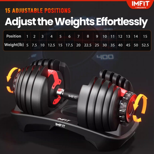 IMFit Adjustable Dumbbell 5-52.5 lbs| Fitness Equipment for Full Body Workout, 15 Weights | Space Saver Design | 1 Dumbbell with Free Hand Grip &