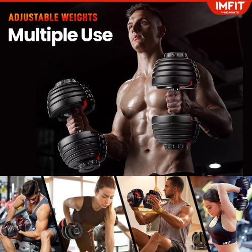 IMFit Adjustable Dumbbell 5-52.5 lbs| Fitness Equipment for Full Body Workout, 15 Weights | Space Saver Design | 1 Dumbbell with Free Hand Grip &