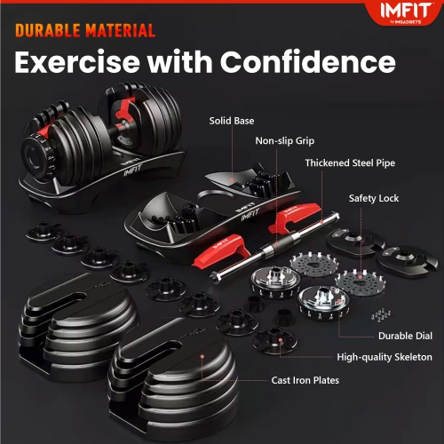IMFit Adjustable Dumbbell 5-52.5 lbs| Fitness Equipment for Full Body Workout, 15 Weights | Space Saver Design | 1 Dumbbell with Free Hand Grip &