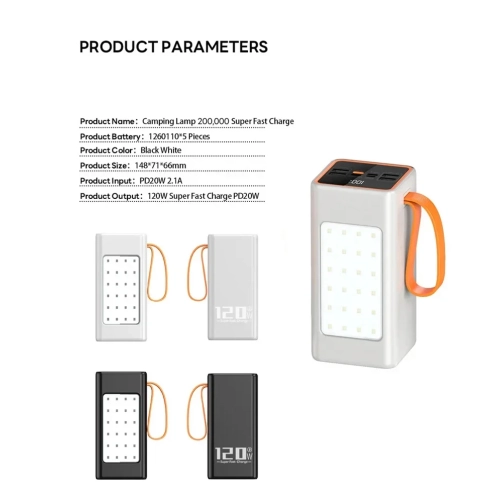 120W Super Fast Charging 200000mAh Power Bank for iPhone 15 Pro Max & Laptop with LED Light