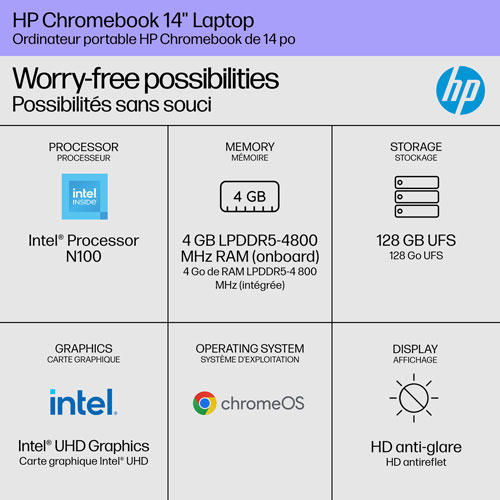 HP 14" Chromebook - Glacier Silver (Intel N-series N100/4GB RAM/128GB SSD/Chrome OS)