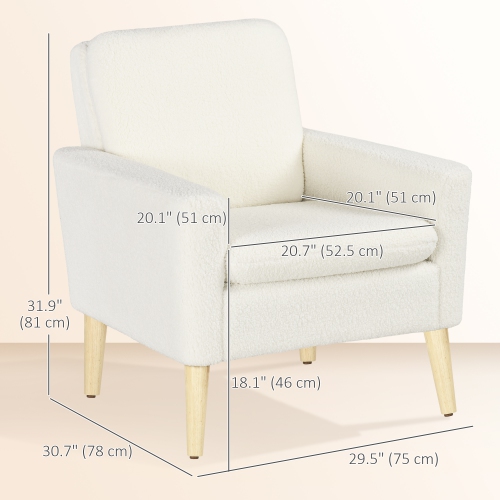 HOMCOM Teddy Fabric Accent Chair, Upholstered Armchair, Mid-Century Modern Living Room Chair with Wood Legs and Wide Padded Seat, Cream White