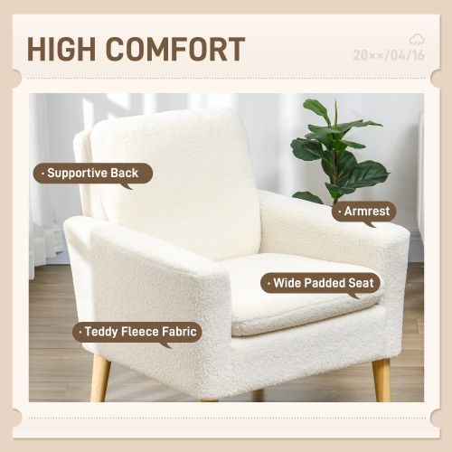HOMCOM Teddy Fabric Accent Chair, Upholstered Armchair, Mid-Century Modern Living Room Chair with Wood Legs and Wide Padded Seat, Cream White