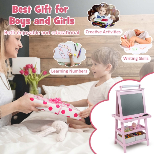 Costway 3 in 1 Double-Sided Wooden Kid's Art Easel Whiteboard