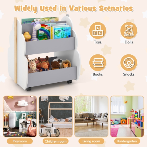 Costway Kids Wooden Bookshelf with Wheels 2-Tier Toy Storage Shelf Double-sided Bookcase