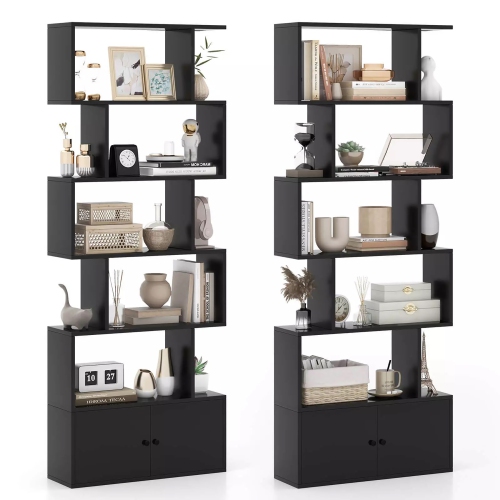 GYMAX  2PCs 6-Tier Shaped Bookshelf W/ Cabinet 6-Tier Tall Bookcase W/ Doors