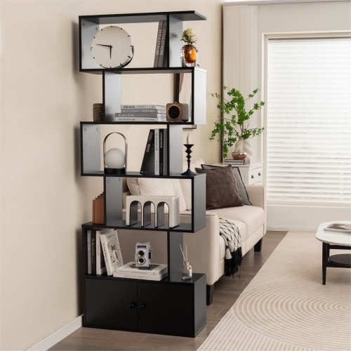 Gymax 2PCS 6-Tier Shaped Bookshelf w/ Cabinet 6-Tier Tall Bookcase w/ Doors