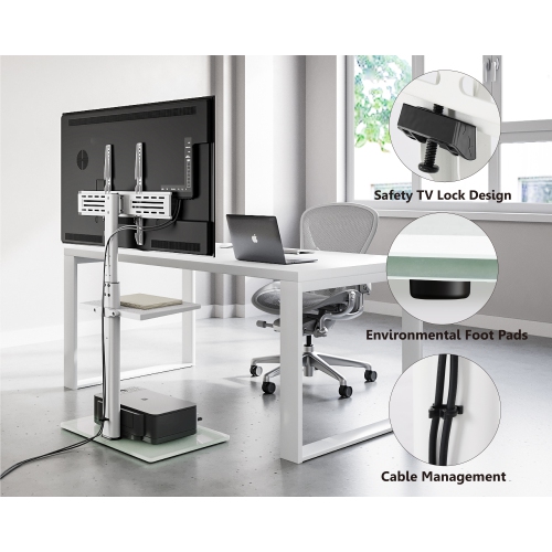 FITUEYES White TV Stand Mount for 32-60 inch TV Screen, 2 Tier Floor TV Stand with Swivel 70 Degree and Height Adjustable Max VESA 600x400 mm