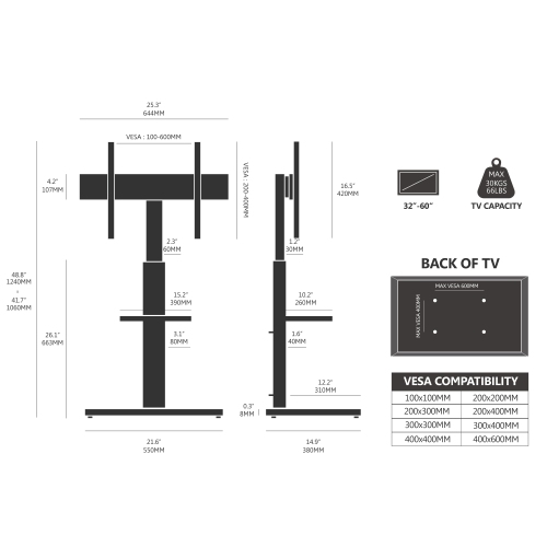 FITUEYES White TV Stand Mount for 32-60 inch TV Screen, 2 Tier Floor TV Stand with Swivel 70 Degree and Height Adjustable Max VESA 600x400 mm