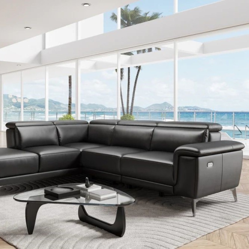 Valencia Pista Leather Reclining Sectional Sofa Left-Arm Chaise Black