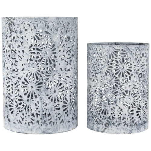 Laser-Cut Floral Iron Pillar Candle Holders - 10" - Gray and White - Set of 2