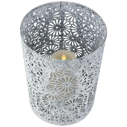 Laser-Cut Floral Iron Pillar Candle Holders - 10" - Gray and White - Set of 2