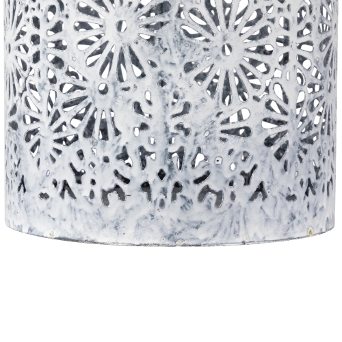 Laser-Cut Floral Iron Pillar Candle Holders - 10" - Gray and White - Set of 2