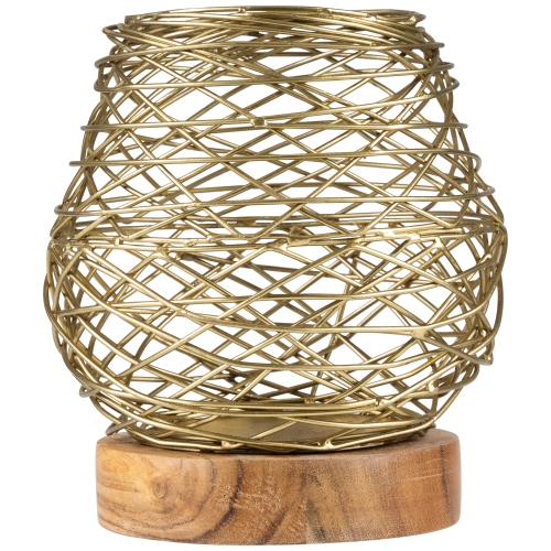 Small Woven Iron Votive Candle Holder with Wooden Base - 6.25" - Brass Finish