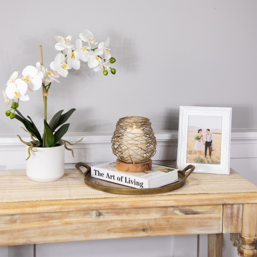 Small Woven Iron Votive Candle Holder with Wooden Base - 6.25" - Brass Finish