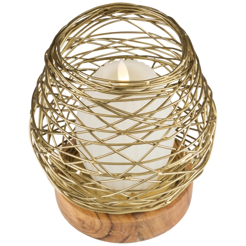 Small Woven Iron Votive Candle Holder with Wooden Base - 6.25" - Brass Finish