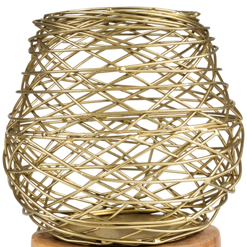 Small Woven Iron Votive Candle Holder with Wooden Base - 6.25" - Brass Finish