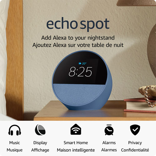 Réveille-matin intelligent Echo Spot d'Amazon avec Alexa - Bleu