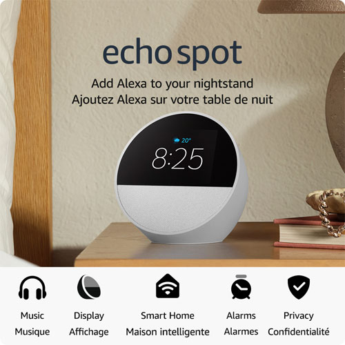 Réveille-matin intelligent Echo Spot d'Amazon avec Alexa - Glacier