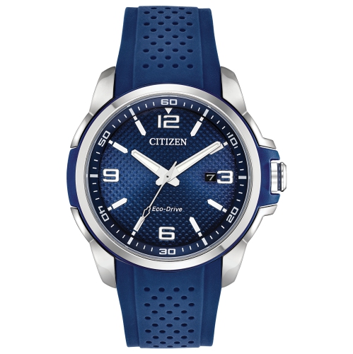 Montre pour hommes Weekender japonaise Eco-Drive 44&nbsp;mm inox deux tons avec boîtier ABS, bracelet polyuréthane bleu et cadran bleu