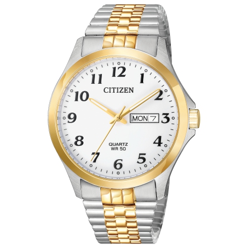 Montre homme quartz japonais 38&nbsp;mm, boîtier acier inox deux tons, cadran blanc
