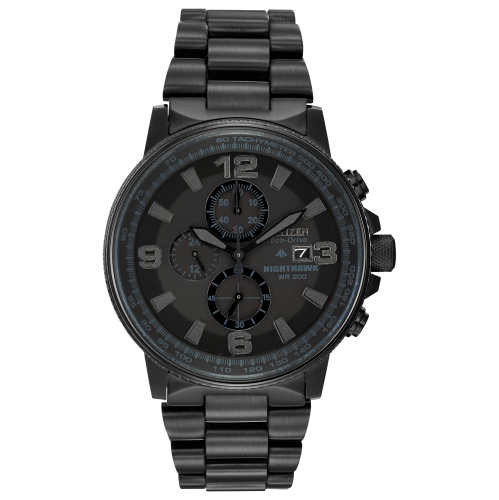 Citizen Mens Nighthawk Japanese Eco-Drive Watch 42mm Black Stainless Steel Case and Bracelet with Black Dial