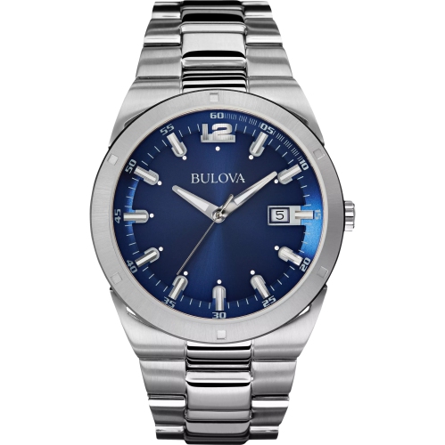 Montre à quartz classique pour hommes de Bulova 43&nbsp;mm avec boîtier et bracelet en acier inoxydable argenté et cadran bleu