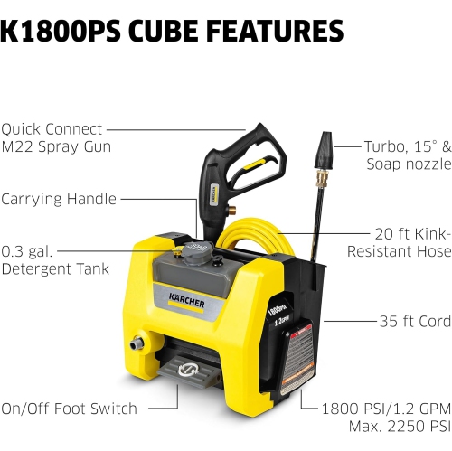 Karcher K1800PS Cube 1800 PSI 1.2 GPM Electric Power Pressure Washer with Turbo, 15°, & Soap Nozzles