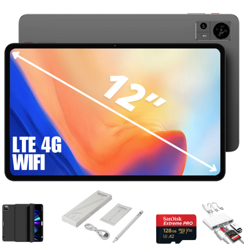 Tablette TUTT 12&nbsp;po LTE 4G Carte SIM Wi-Fi FHD Android 14 | Étui + stylet | Stockage 128&nbsp;Go + RAM 6&nbsp;Go | Deux caméras 13/5MP | P11 Oct