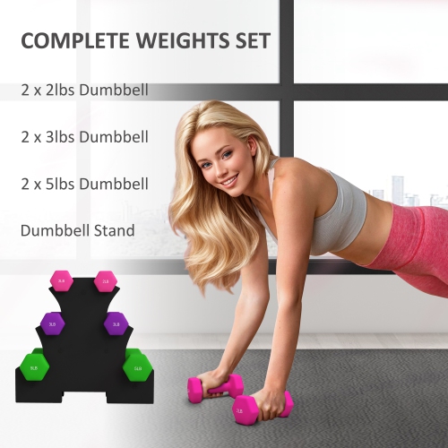 Soozier 20 lb Hex Dumbbells Set with Dumbbell Rack, Hand Weights for Home Gym Strength Training, 2 x 2 lbs, 2 x 3 lbs, 2 x 5 lbs