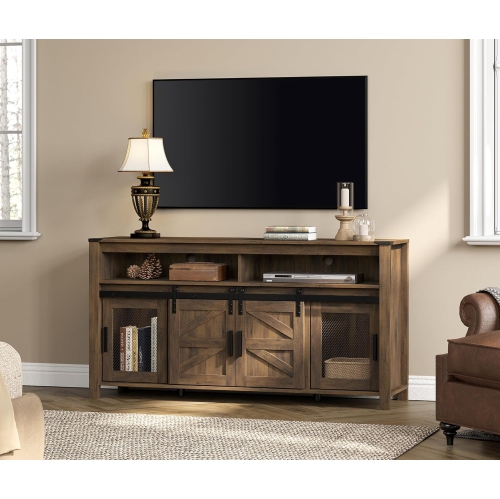 WAMPAT  Farmhouse Tv Stand for 65 Inch Tv, Walnut Entertainment Center \w Sliding Barn Doors And Mesh Doors, Tall Media Console \w Open Storage