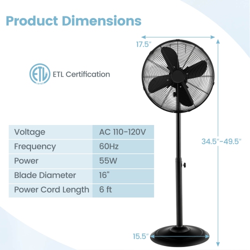 Costway 16" Standing Pedestal Fan with 3 Speed Settings Carrying Handle Aluminum Blades