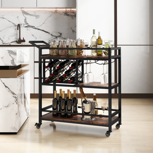 Costway 3-tier Bar Cart on Wheels Home Kitchen Serving Cart with Wine Rack & Glass Holder