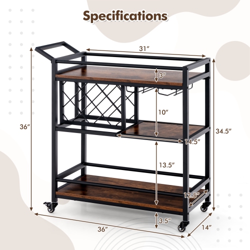 Costway 3-tier Bar Cart on Wheels Home Kitchen Serving Cart with Wine Rack & Glass Holder