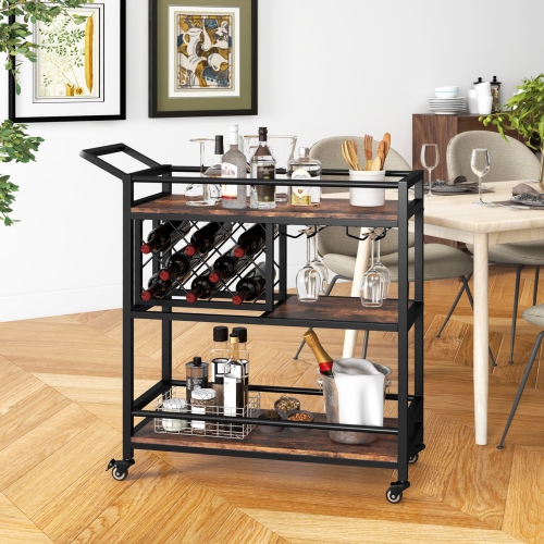 Costway 3-tier Bar Cart on Wheels Home Kitchen Serving Cart with Wine Rack & Glass Holder