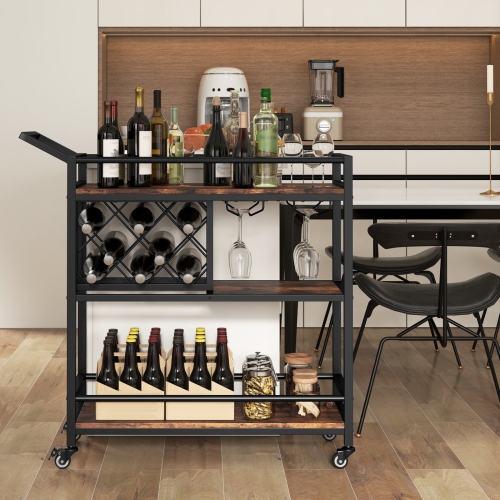 Costway 3-tier Bar Cart on Wheels Home Kitchen Serving Cart with Wine Rack & Glass Holder