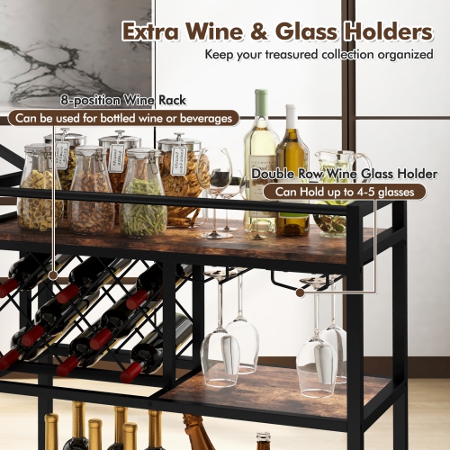 Costway 3-tier Bar Cart on Wheels Home Kitchen Serving Cart with Wine Rack & Glass Holder