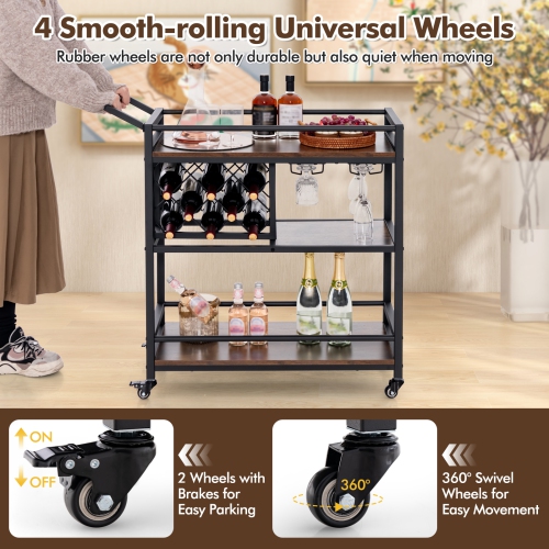 Costway 3-tier Bar Cart on Wheels Home Kitchen Serving Cart with Wine Rack & Glass Holder