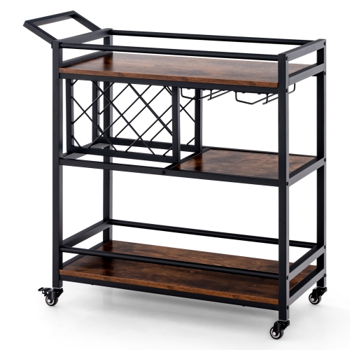 Costway 3-tier Bar Cart on Wheels Home Kitchen Serving Cart with Wine Rack & Glass Holder