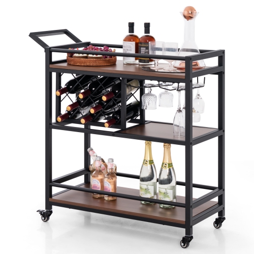 Image 1 de 10.. Desserte de bar à 3 niveaux sur roulettes de Costway pour la cuisine avec porte-bouteilles et porte-verre